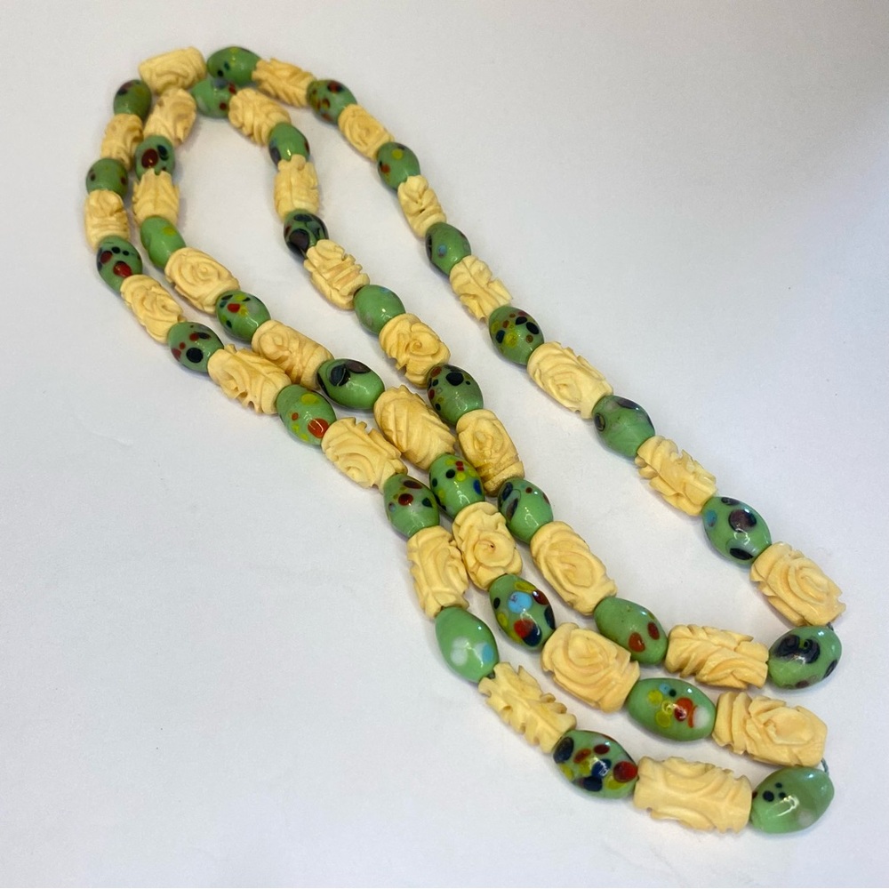 Vintage Murano Style Necklace Green Glass Lampwork Bead Carved Bovine Bone